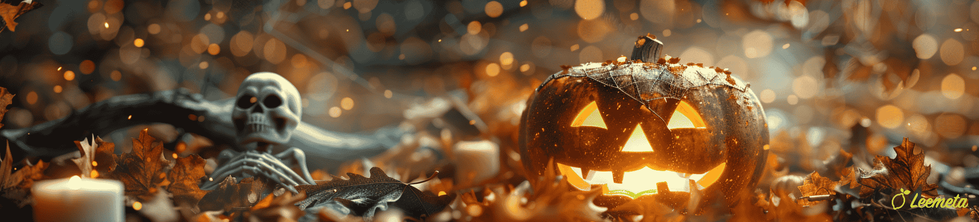 A carved Jack-o'-Lantern glowing with a spooky face, surrounded by Halloween decorations and fall leaves.