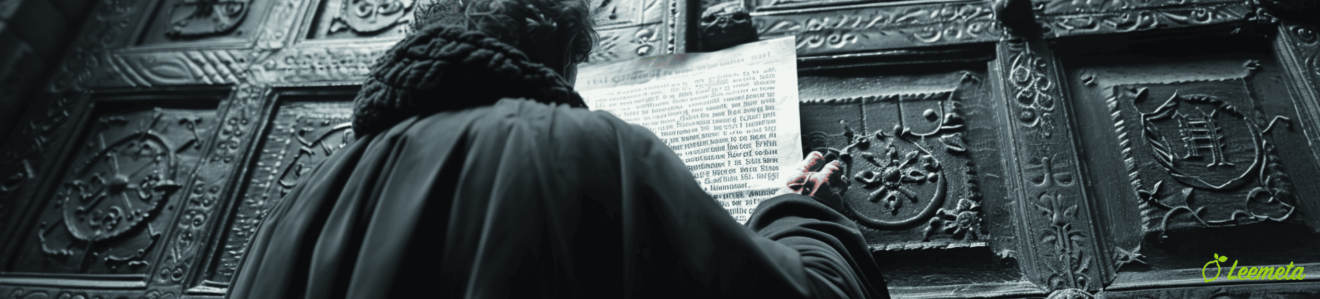 Martin Luther nailing his 95 Theses to the door of the Castle Church in Wittenberg, symbolizing the start of the Protestant Reformation.