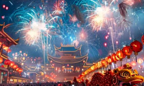 Colourful dragon dances and lanterns symbolize the vibrancy and traditions of Chinese New Year.