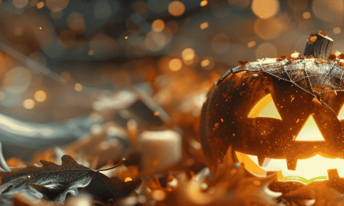 A carved Jack-o'-Lantern glowing with a spooky face, surrounded by Halloween decorations and fall leaves.