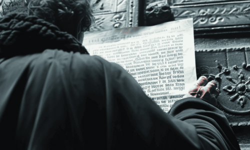 Martin Luther nailing his 95 Theses to the door of the Castle Church in Wittenberg, symbolizing the start of the Protestant Reformation.